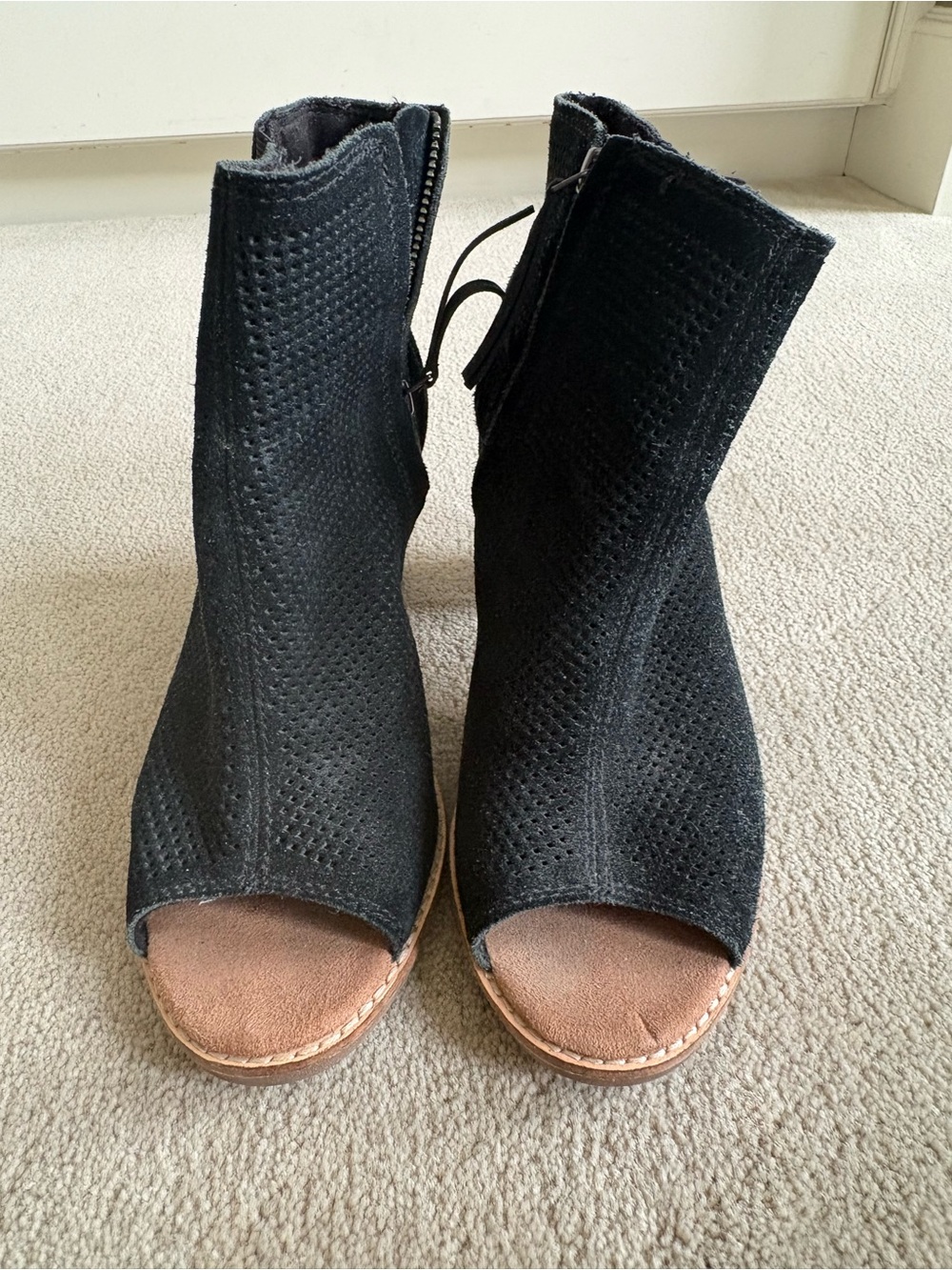 Toms Black Suede Peep-Toe Perforated Ankle Booties